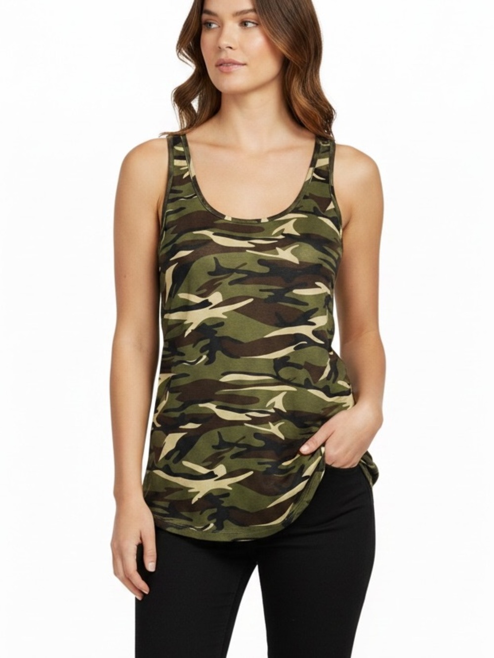 Ladies Camouflage Muscle Tank Top - Olive Camo